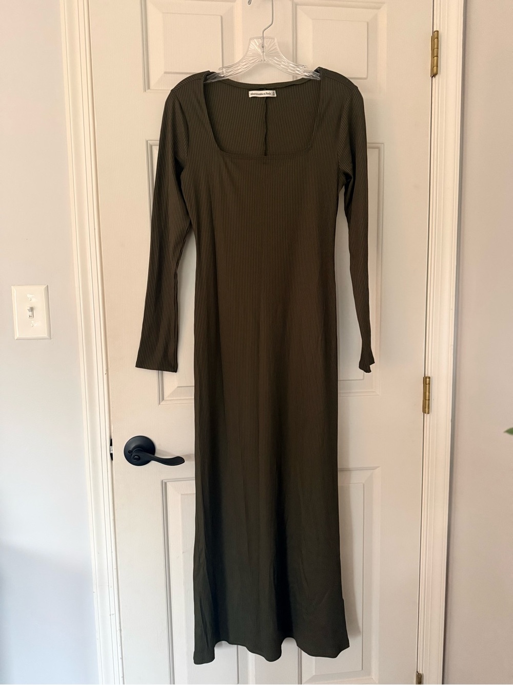Abercrombie & Fitch Olive Ribbed Square-Neck Maxi Dress